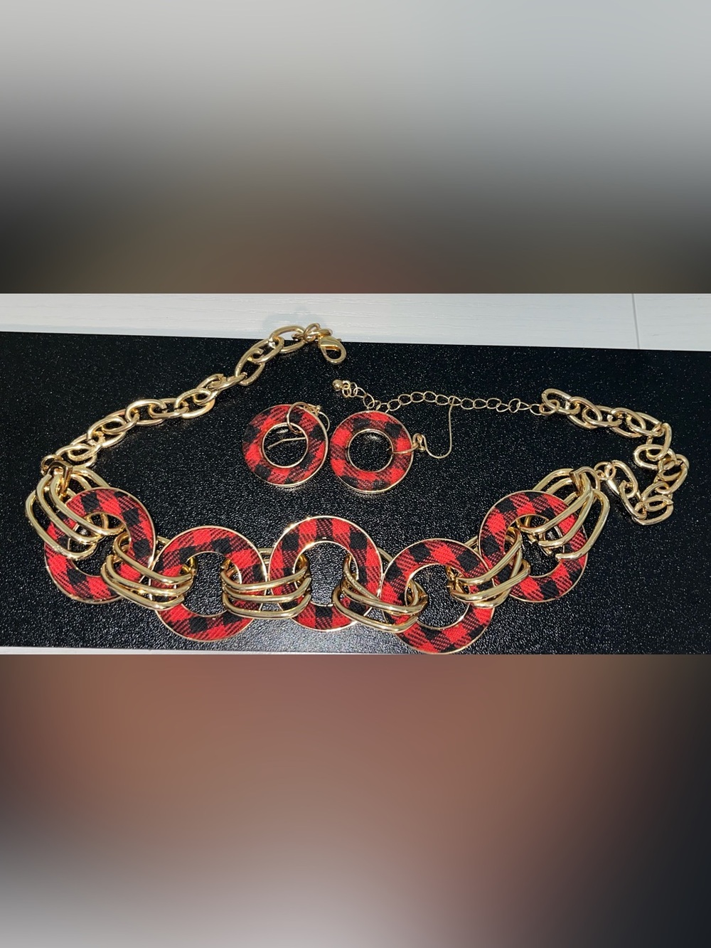 Gold-Tone Red Black Patterned Link Necklace & Hoop Earring Set